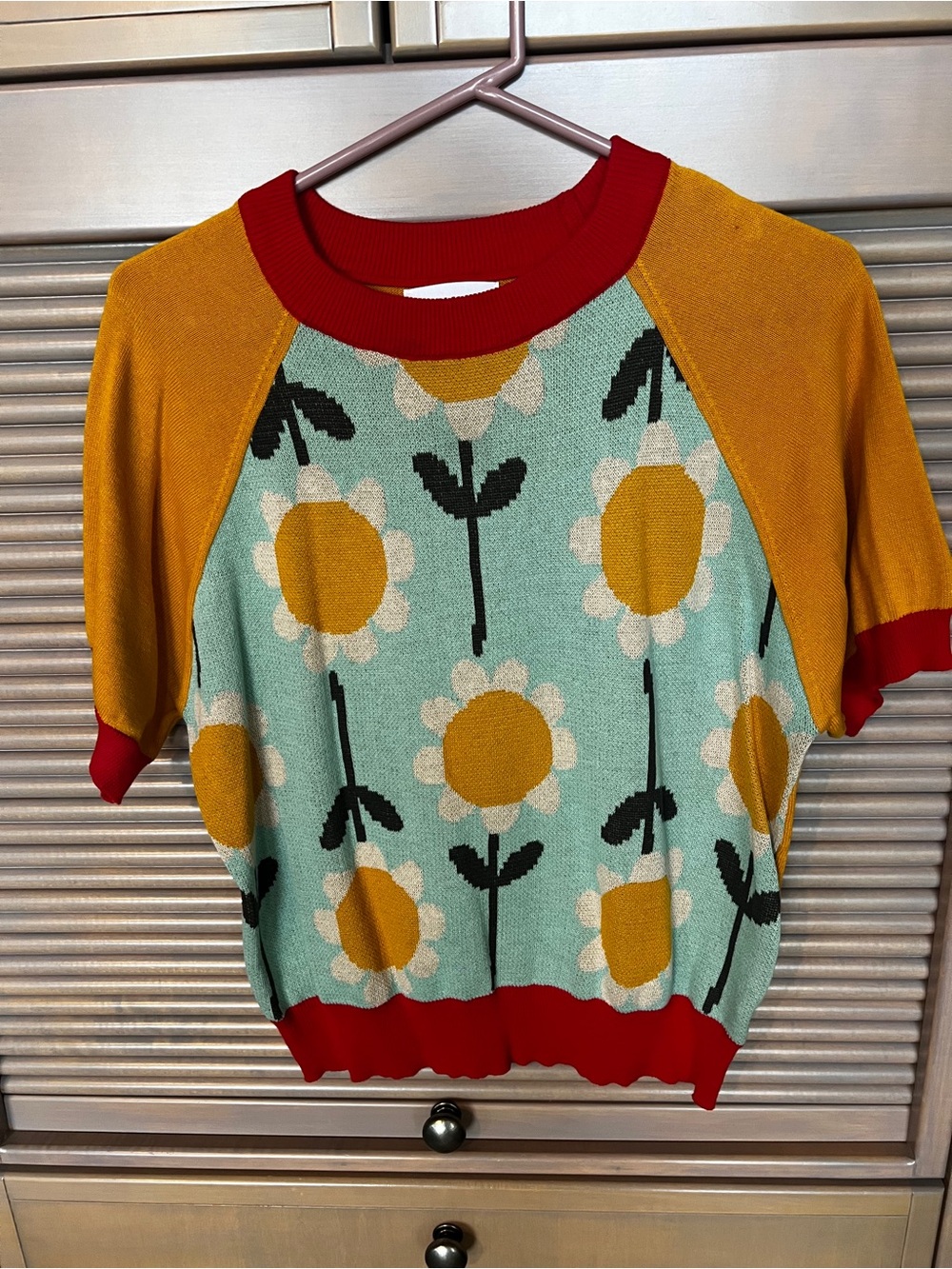 Floral Knit Top in Mint, Mustard & Red